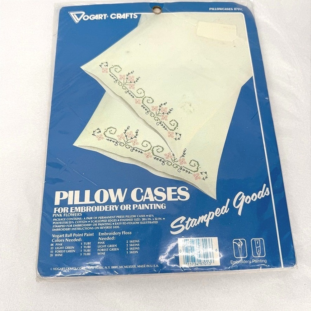 Vogart Crafts Pillow Cases Stamped Pink Flowers for Embroidery DIY Vintage